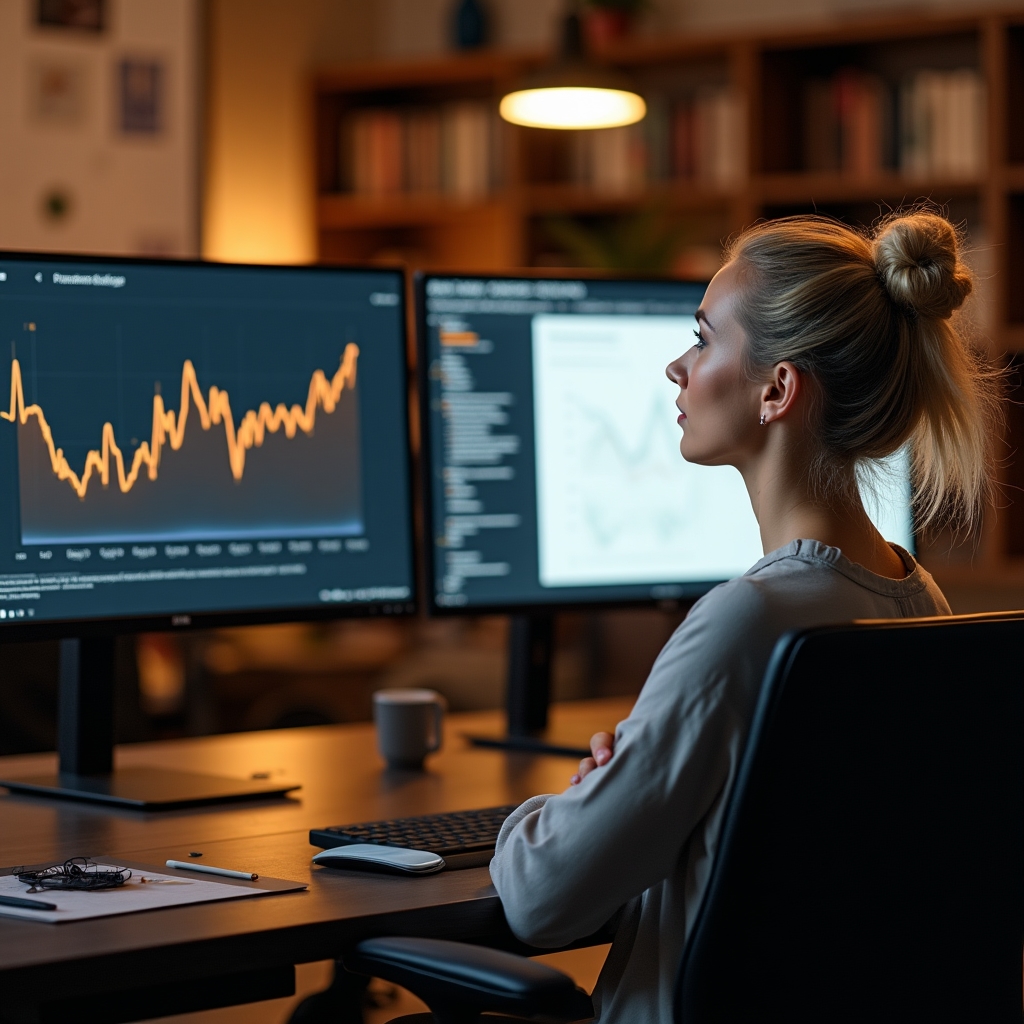 Author reviewing website analytics and search performance data on dual screens