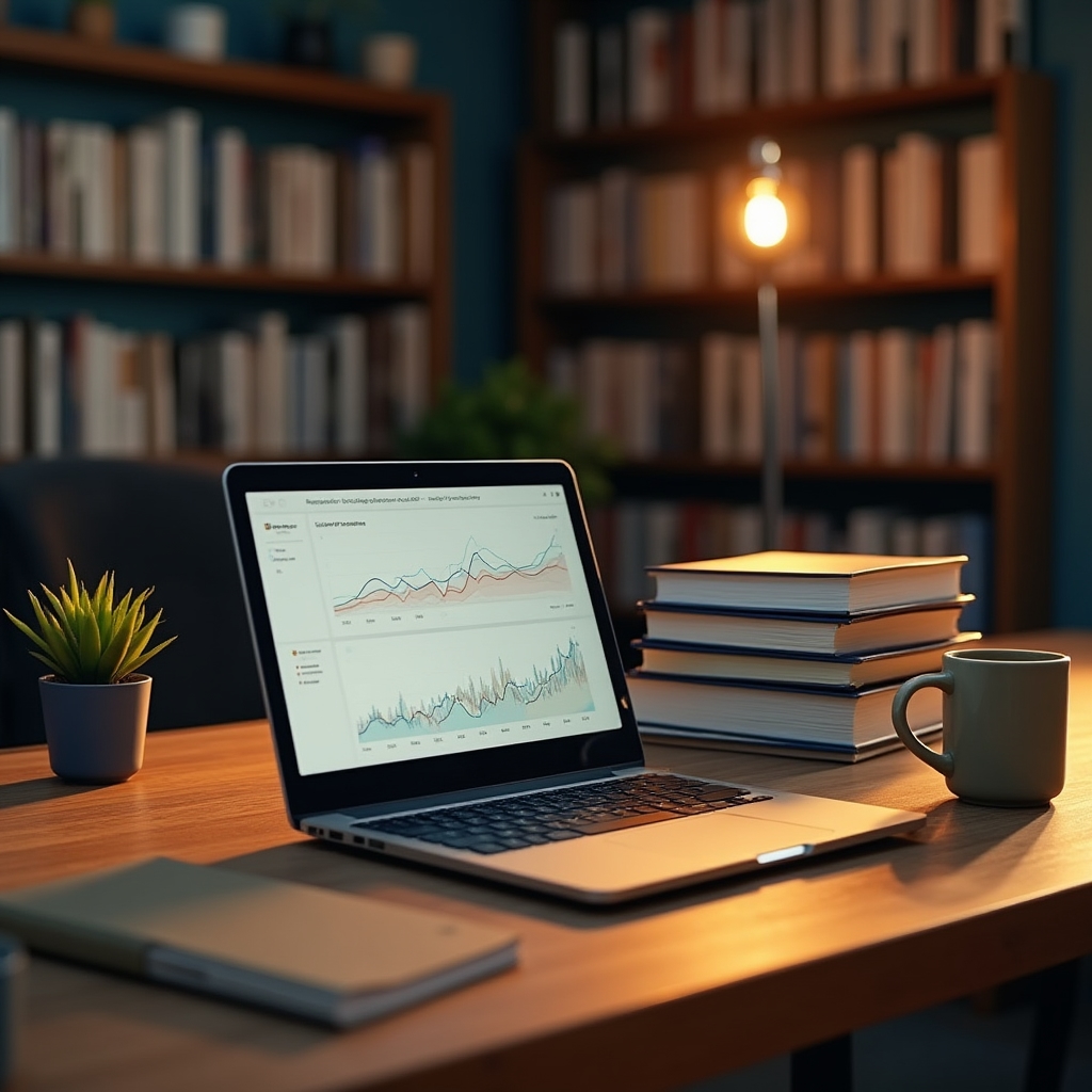 Author SEO workspace with books and laptop