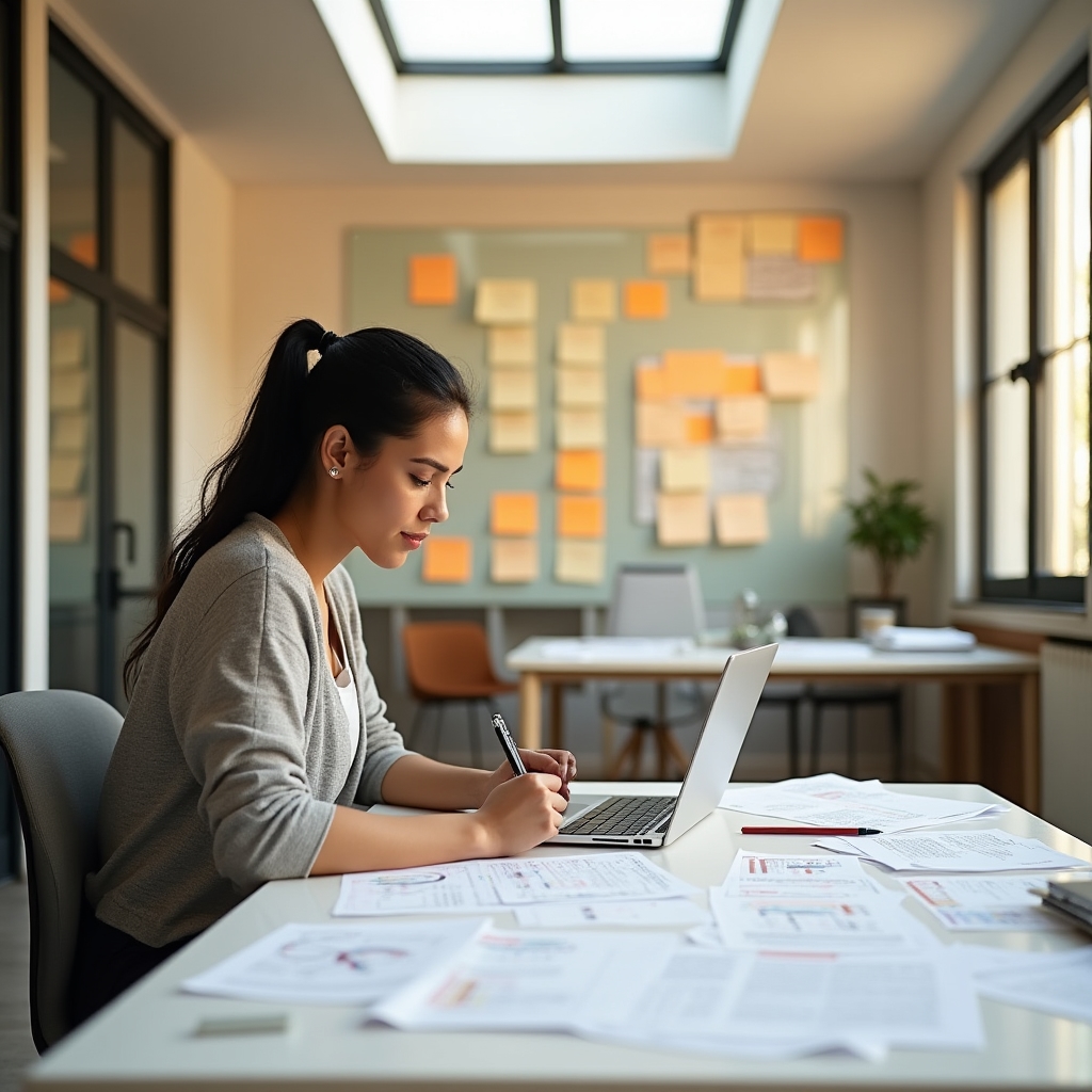 Author studying SEO framework materials at a clean desk with open notebook